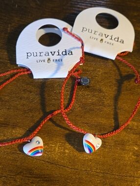 Pura Vida Kids Or Adult Red Braided Bracelet with Rainbow Heart Charm